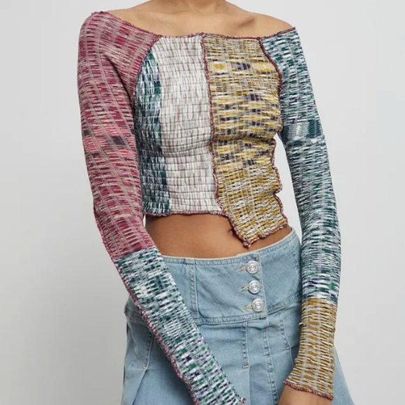 Urban Outfitters Patchwork Long Sleeve Crop Top - Picture 1 of 7